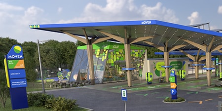 EV-laadstation met graphics en reclameproducten van 3M.

