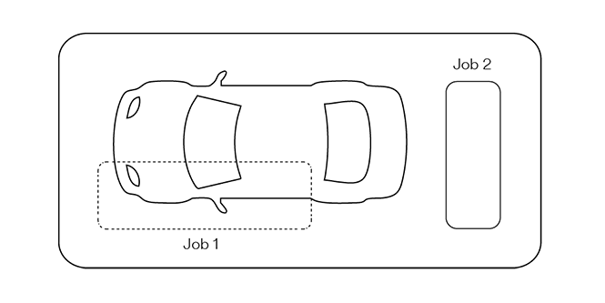 diagram met de opstelling van de spuitcabine voor het lakspuiten van vaste onderdelen

