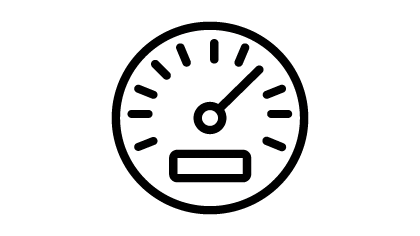 Pictogram van een snelheidsmeter met wijzer naar rechtsboven
