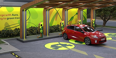 EV-laadstation met markeringsproducten voor voetpaden.
