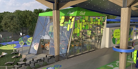 Display van EV-laadstation met raamfolie.
