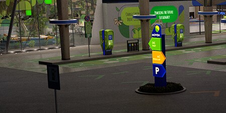 EV-laadstation met verlichte lichtreclameproducten.
